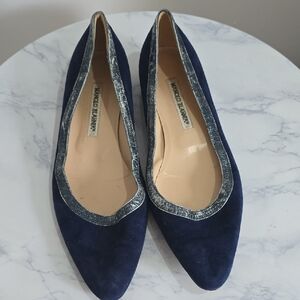 Manolo Blahnik Blue Flats with Pointed Toe and Silver Trim
